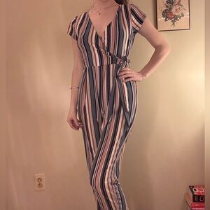 Derek Heart Striped Wrap Jumpsuit in Navy, Rust, Cream & Pink